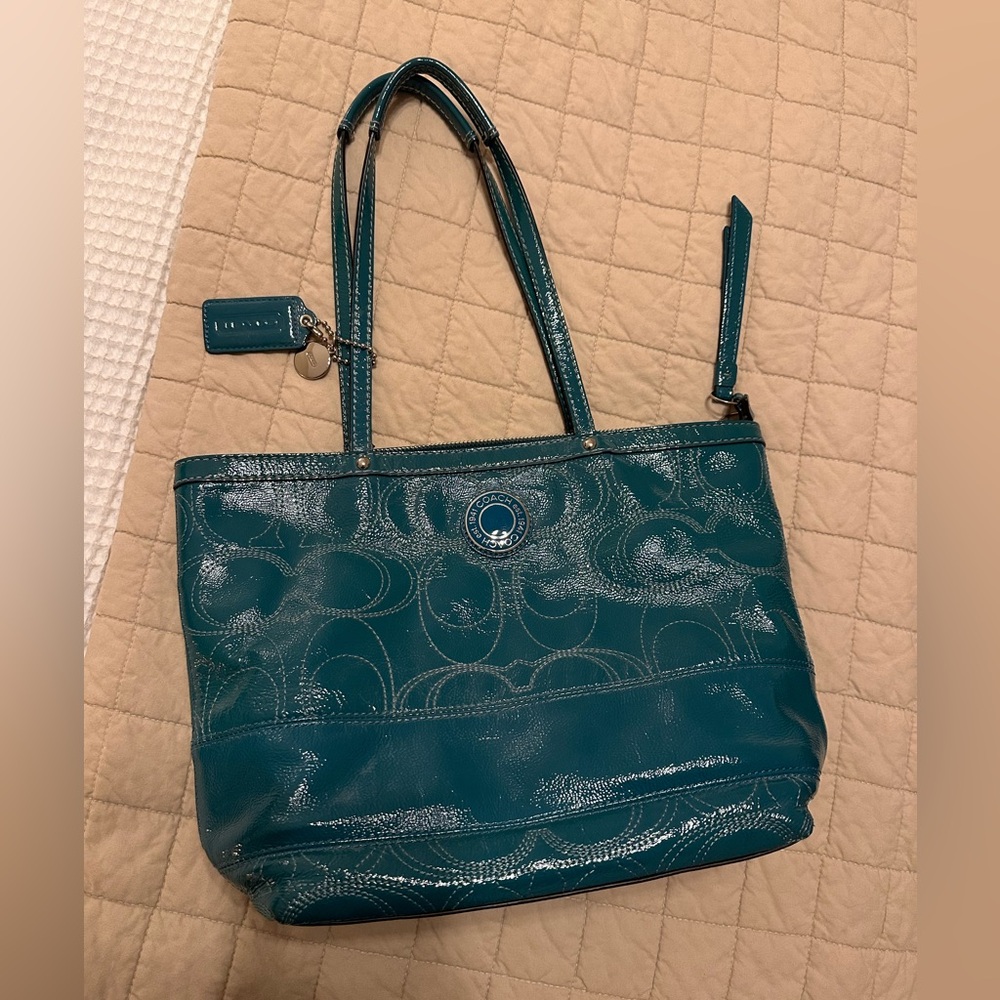 Teal Coach Signature C Stitch Tote